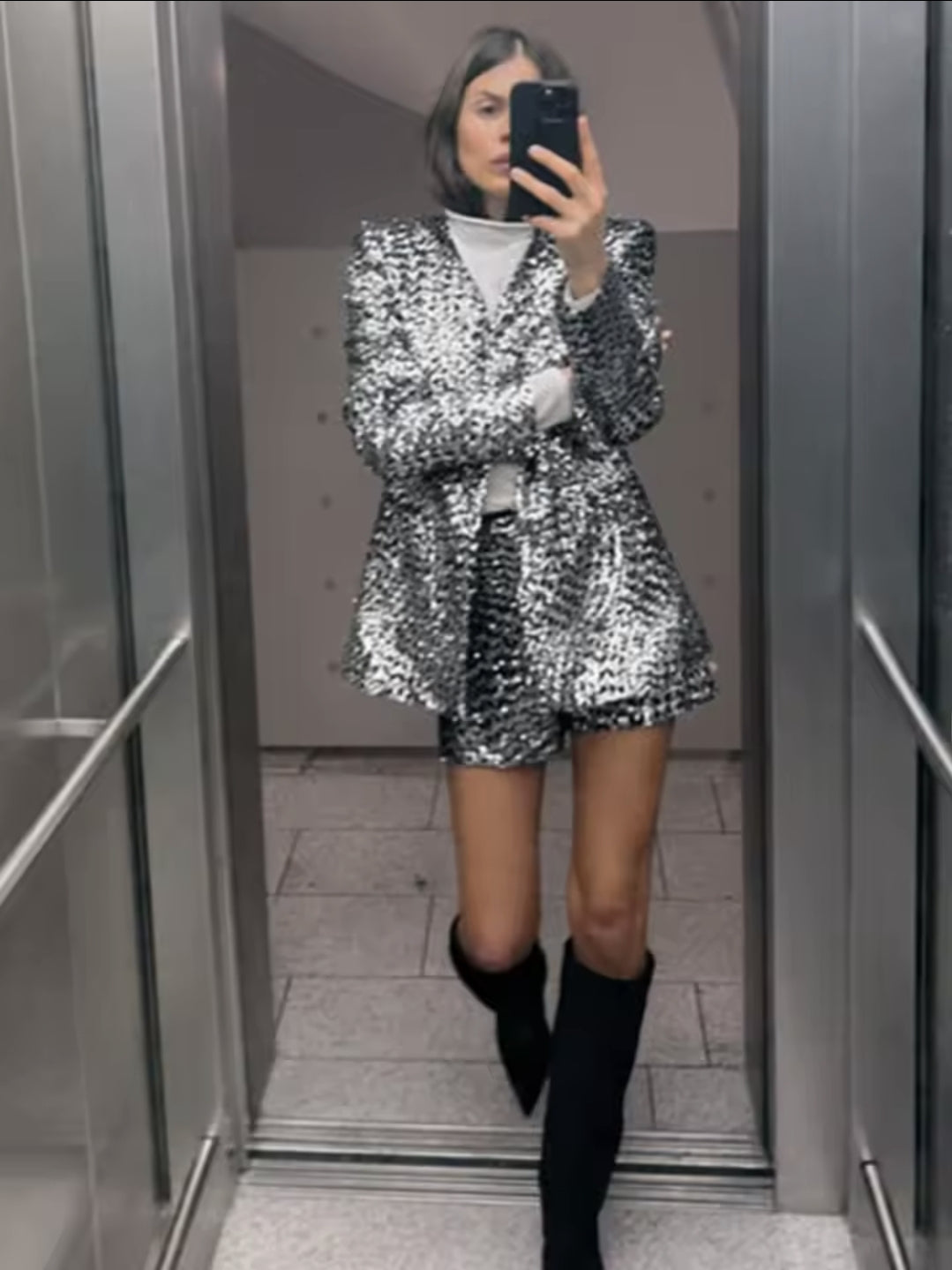 Vintage Chic Women Suit Solid V-Neck Long Sleeve Sequins Blazer Zipper Straight Shorts Fashion Autumn Winter Sets