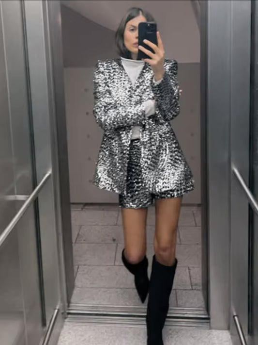 Vintage Chic Women Suit Solid V-Neck Long Sleeve Sequins Blazer Zipper Straight Shorts Fashion Autumn Winter Sets
