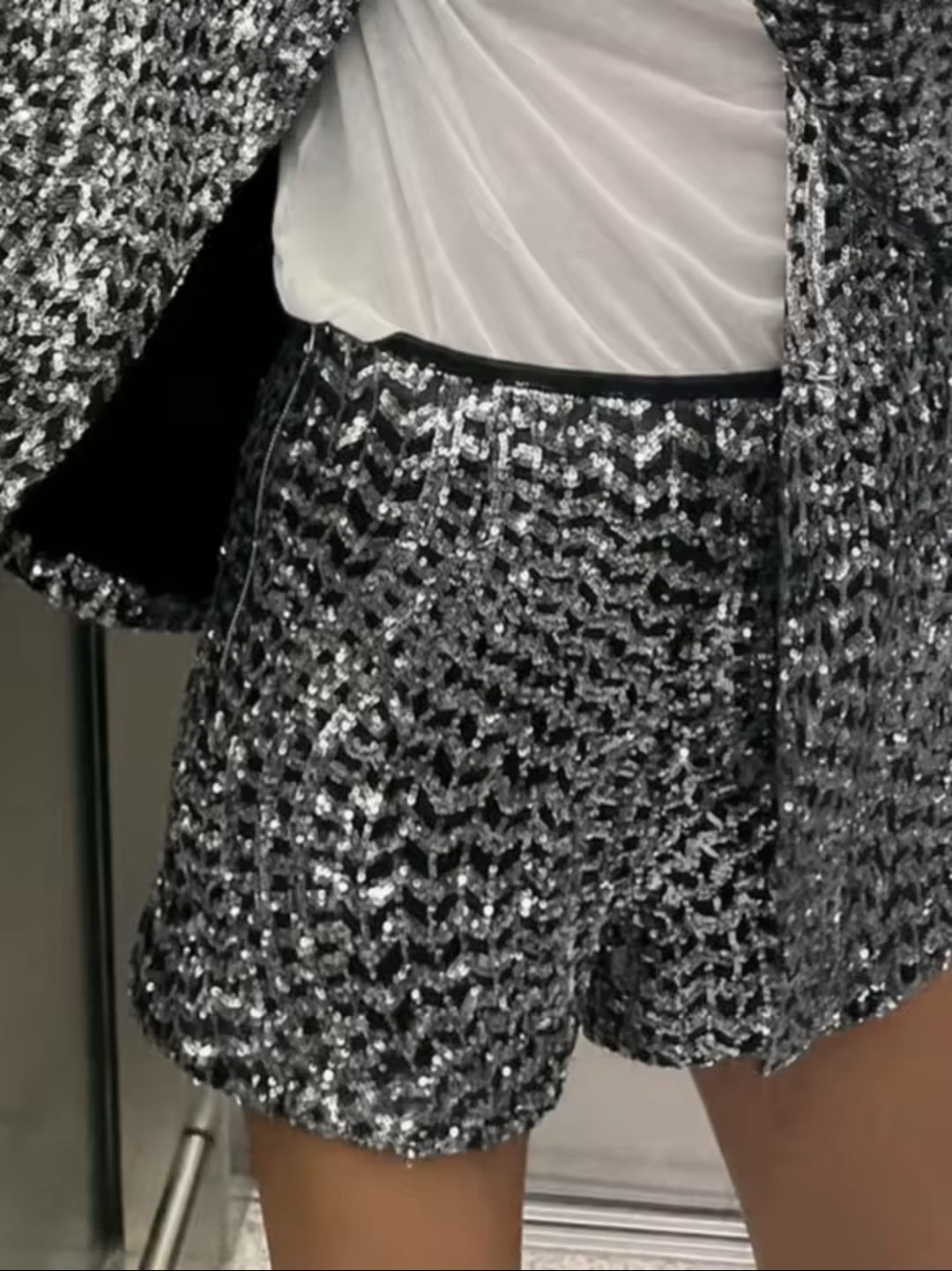 Vintage Chic Women Suit Solid V-Neck Long Sleeve Sequins Blazer Zipper Straight Shorts Fashion Autumn Winter Sets
