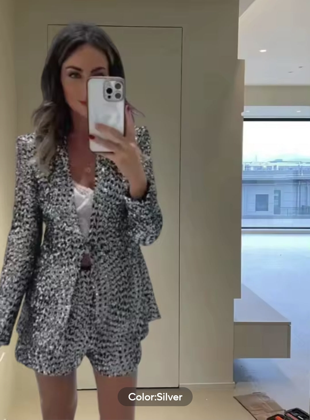 Vintage Chic Women Suit Solid V-Neck Long Sleeve Sequins Blazer Zipper Straight Shorts Fashion Autumn Winter Sets
