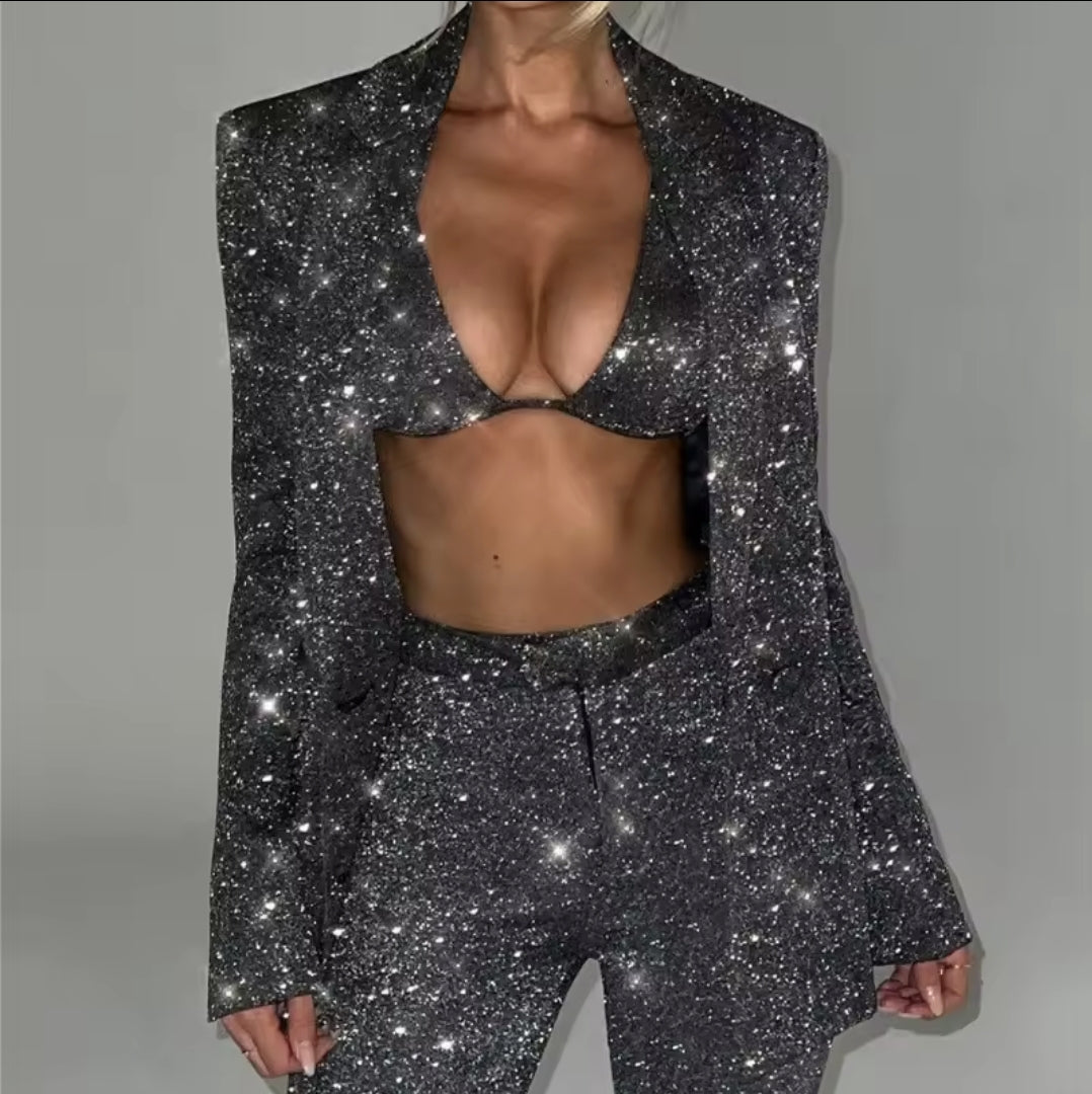 New In Sparkle Sexy Pants Sets Women Autumn Winter New Glitter Long Sleeve Blazer Bra And Trousers Femme Shiny Three Piece Set