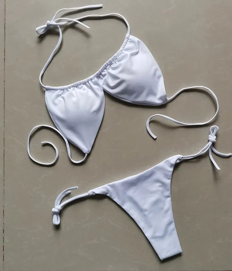 2 PCS Set S-XL Multi-Colors Summer Women's Sexy Bikini Push-Up Padded Bra Brazilian Thong Split Swimwear Female Bandage Bathing Suit Adjustable Lacing Swimsuit Solid