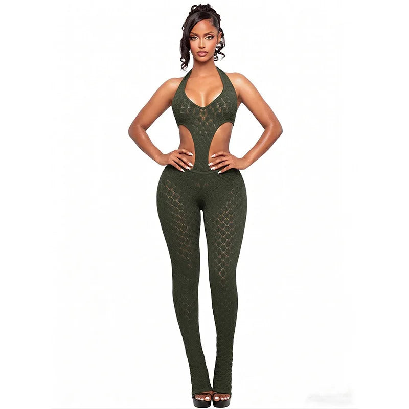 5 Colors Sexy See Through Jumpsuit Mesh Hollow Out Backless Halter Neck Rompers Summer Evening Beach Party Night Clubwear New Arrivals Women Clothes Streetwear Skinny Jumpsuits