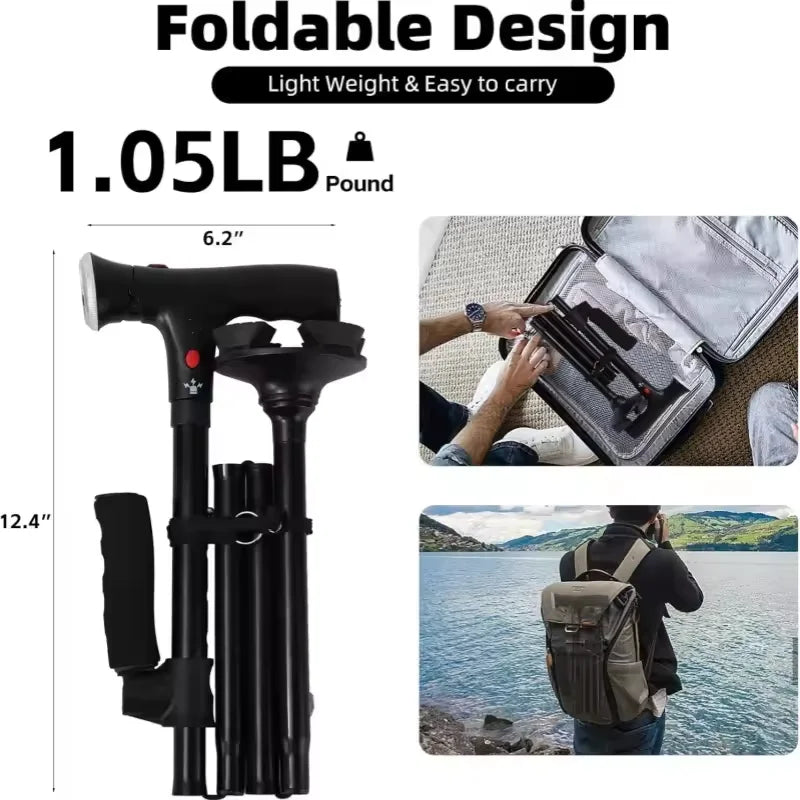 HOT SALE LED Lights +Emergency Alarm SOS Night Hiking Walking Stick Adjustable Height Voice Announcement Non-Slip For Elderly Disabled People Lightweight Aluminum Foldable Outdoor Camping Cane