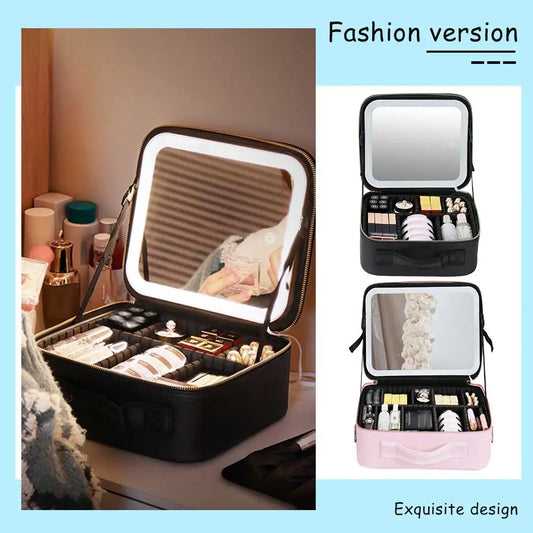 Smart LED Cosmetic Case with Mirror Beauty Bag Portable Large Capacity Fashion Simple PU Leather Casual for Weekend Vacation