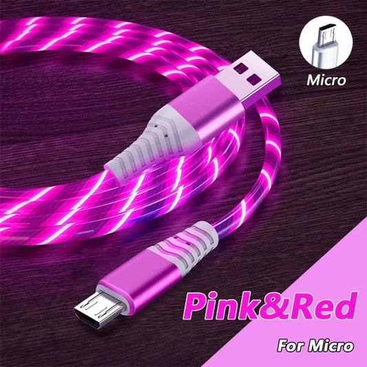 NEW Arrivals 1M/2M 6A Type C Glowing Cable Car Atmosphere lights Cord Micro USB C Fast Charging Cables For Samsung Xiaomi iPhone Charge Wire Cord Mobile Phones Accessories