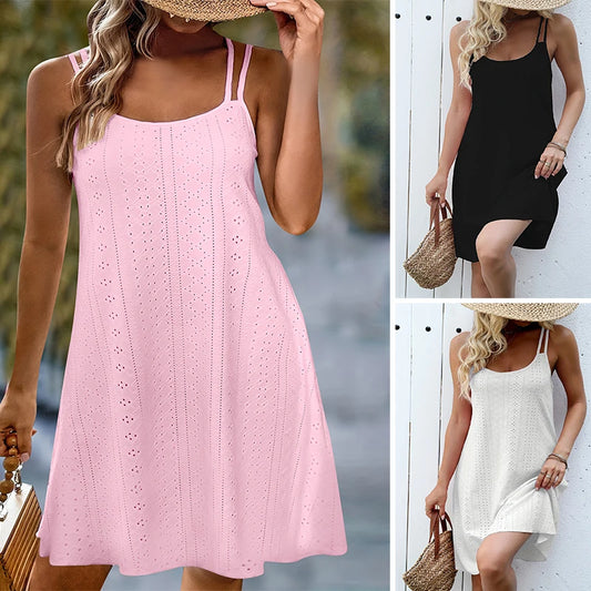 NEW Arrivals UK XL-5XL Plus Size 4 Colors Eyelet Jacquard Solid Cami Dress Casual Crew Neck Sleeveless Dress For Spring & Summer Women's Plus Size Clothing