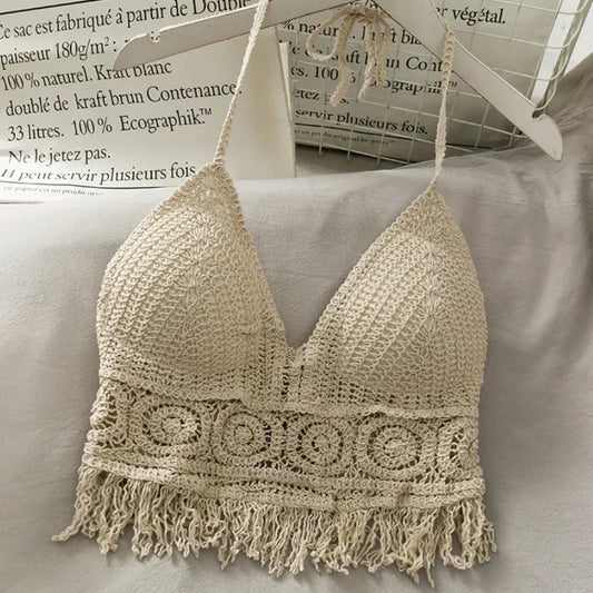 NEW Arrivals Handmade Sexy Crop Tops Retro Wild Hollow Perspective Tassel Sexy Spaghetti Strap Tanks Top Women Built In Bra New Back Lace Halter Neck Ladies Girls Summer Beach Party Tops