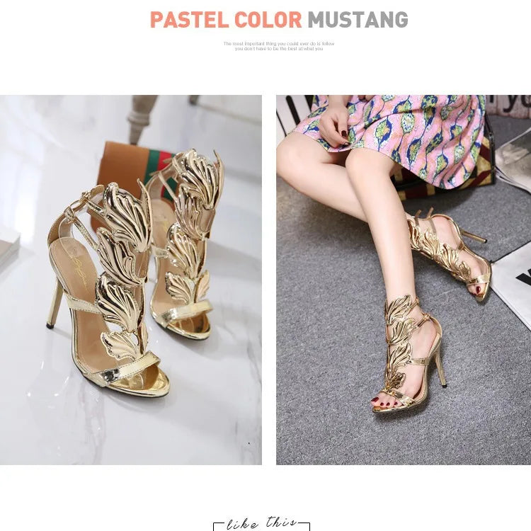 Stunning Gold High - Heel Open - Toe Sandals: Elegant Leaf Detailing, Perfect for Summer Evenings and Parties Women Shoes