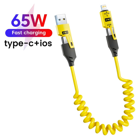 NEW Arrivals Zinc Alloy USB-C 4 IN1 65W Fast Charging Cable for iPhone USB Type C Cable For iPhone Xiaomi Samsung PD Spring Data Cable Mobile Phones Accessories