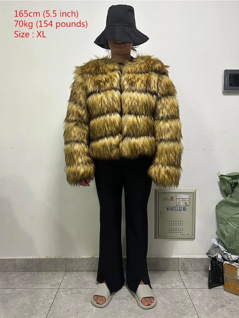 NEW Luxury High Quality Italian Style  Faux Raccoon Fur Coat Women Jacket Winter Warm Snow Clothes Supplies Coat Women Fluffy Jacket Thick Furry Fur Outwear Female Girls Luxury Fashion Clothing Products