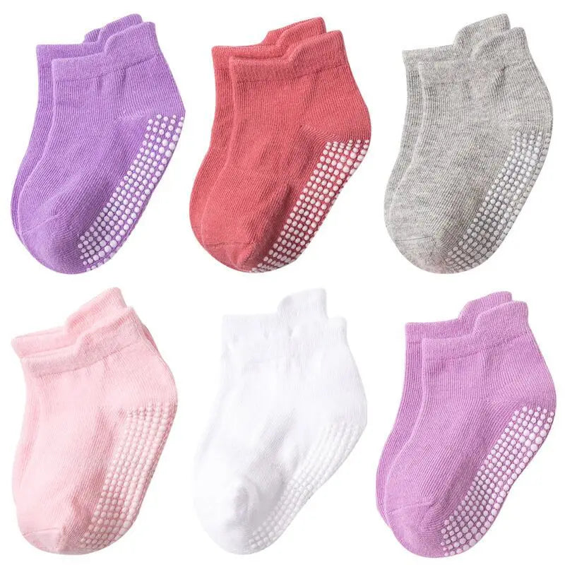 NEW 0-7Y 6 Pairs Set Lot Spring Autumn Newborn Kids Anti-Slip Cotton Socks Solid Color Soft Breathable Cotton Baby's Boat Socks Boys Girls Trampoline Socks