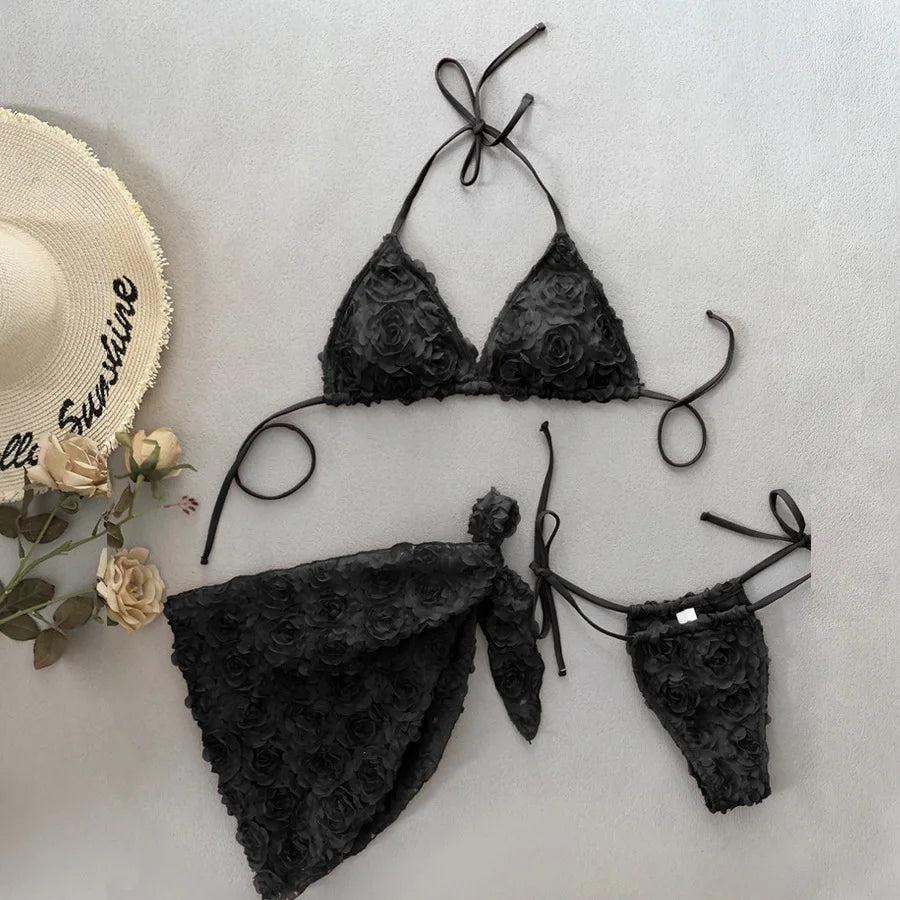 3 PCS Set Sexy Bikini Floral Fabric Strap Women's Triangle Bag Cross-Border New Arrival Top Quality Swimwear for Swimming Women Summer Beach Apparel Clothing Suits