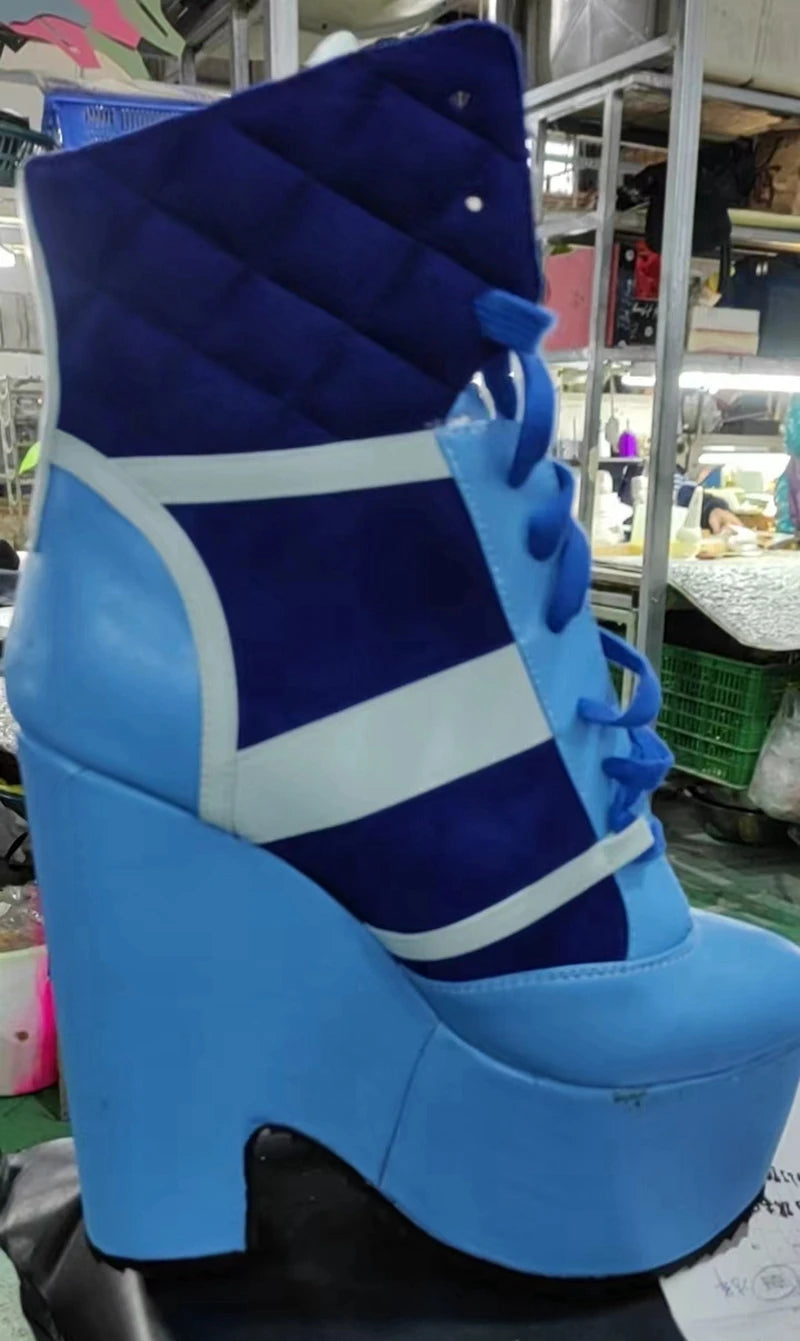 Sorbern Blue 18cm Block High Heel Sneaker Lace Up Ankle Boots Unisex Custom Colors Round Toes Chunky Heeled Wedge Boots