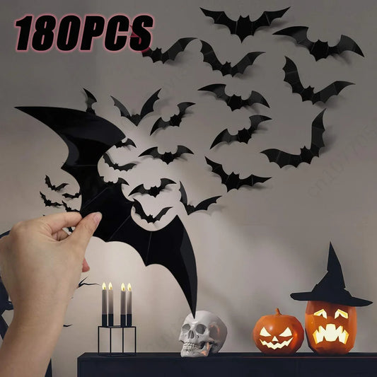 180-215PCS 3 Bags Halloween 3D Bat Decoration Plastic Bat Wall Stickers Furniture Window Yard Sign Decoration Outdoor Lawn Spooky Party Decoration
