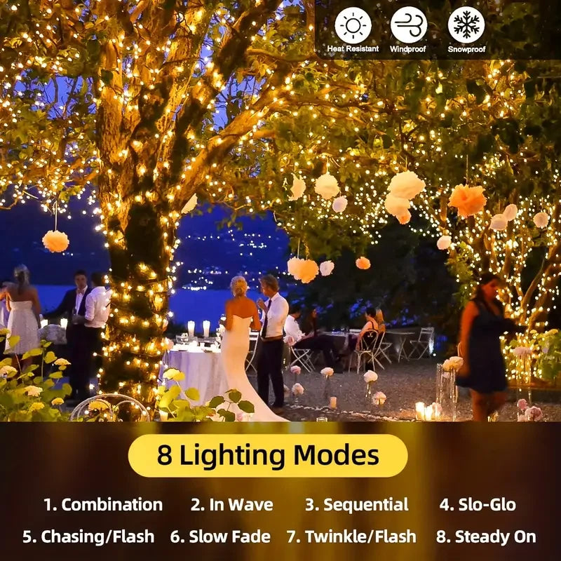 NEW Arrivals 12M-100LED Solar Powered LED String Lights for Outdoor Christmas Garden Patio Balcony 8 Lighting Modes Waterproof Flickering Effect Light Christmas New Year Eve Accessories Supplies