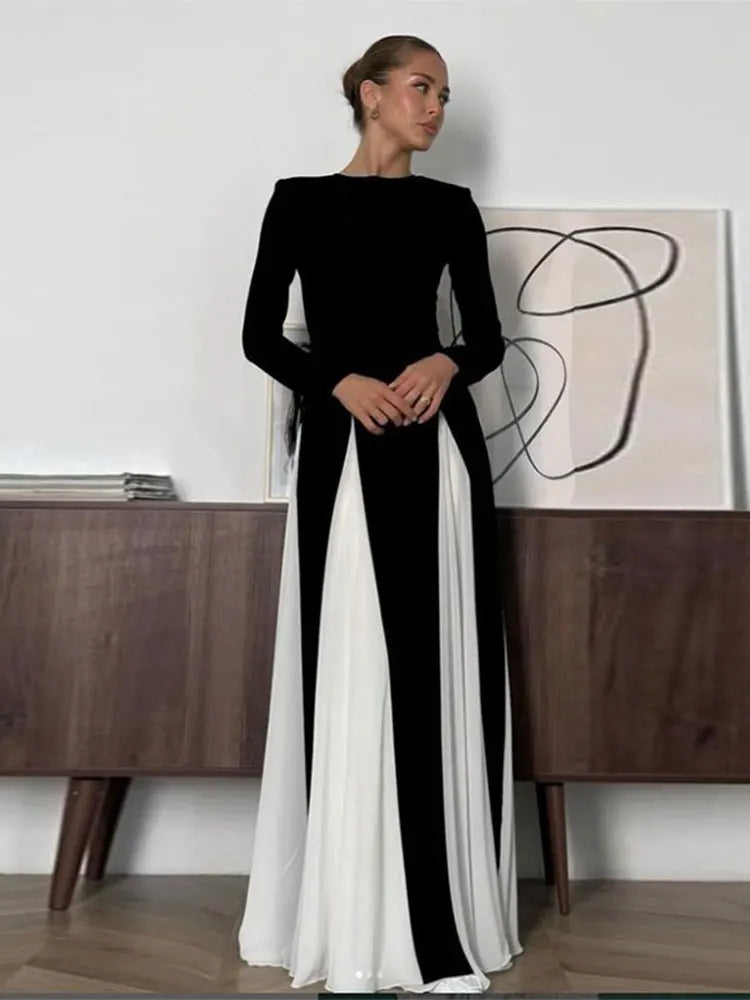 NEW Italian Fashion Gauze Contrasting Color Strap Sling-Long Sleeves Maxi Dress For Women Girls Elegant Backless Sleeveless High Waist Evening Party Dress Female Ladies Luxury Fashion Clothing Supplies