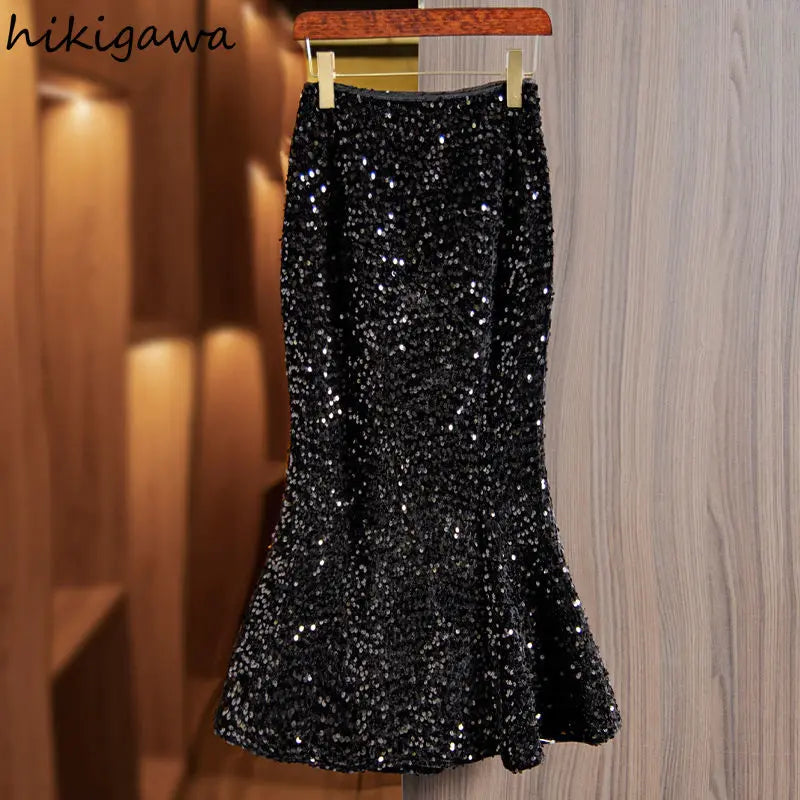 NEW Arrivals UK Size Black Glitter Sequined Bodycon Fishtail Skirt for Women High Waist Tunic  Fashion Y2K Evening Clubwear Party Formal Skirts Ladies Luxury Fashion Apparel Accessories Clothing Supplies