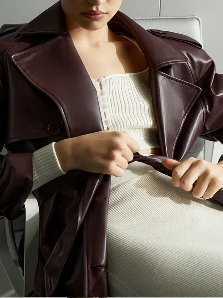 NEW Arrivals Autumn Winter Burgundy Lace Up Matte Leather Jackets Women Fashion Lapel Button Full Sleeve Long Coats New Street Outerwear Ladies Luxury Fashion Clothing Supplies