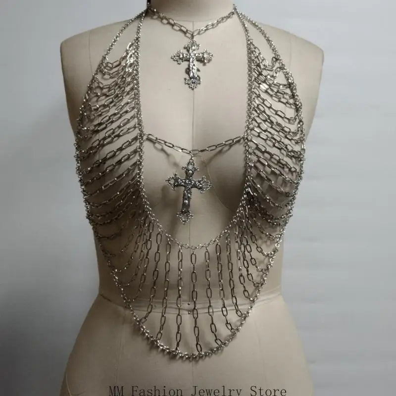 Sexy Hot Girl Fashionable Women's Crosses Charm Body Chain with Sparkling Rhinestones Halter Top for Beach Vacations Music Event,  Evening Rave Beach Party Night Clubwear Clothes