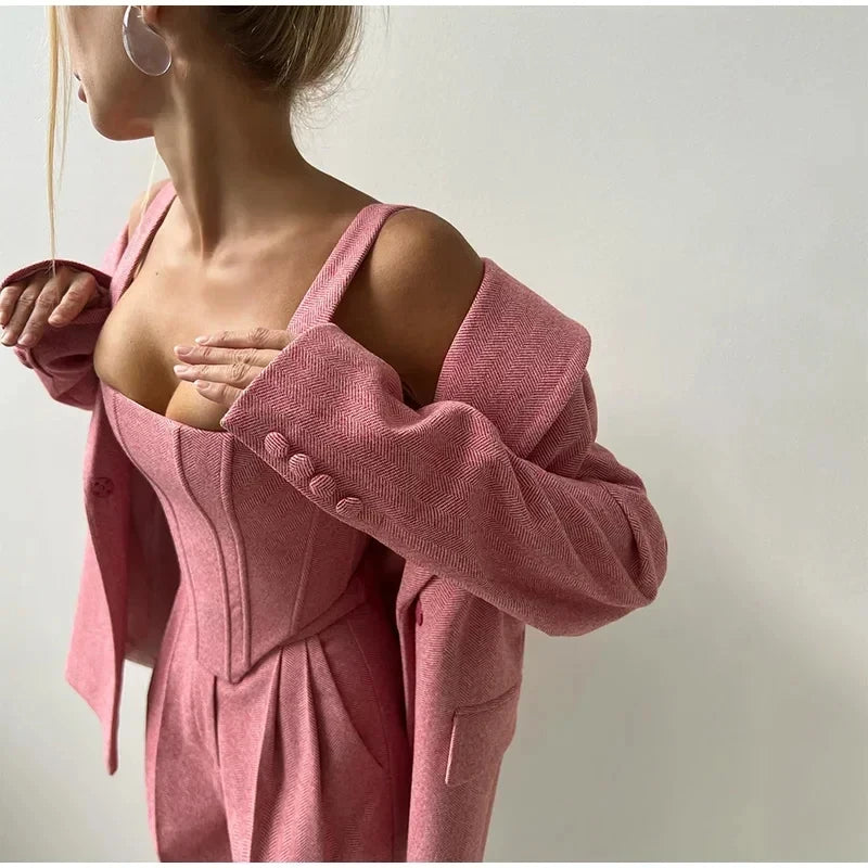 NEW Arrivals 3PCS Set UK Size Gray/Pink Color Luxury Women Top Blazer Pants Solid One Button Jacket Crop Tops High Waist Pocket Pant Evening Party Business Dinner Suit Office Lady Set