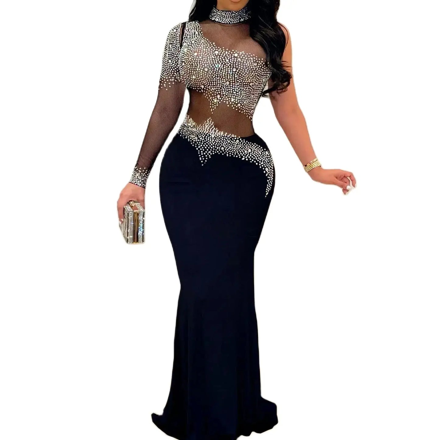 L-5XL Plus Size 5 Colors Sheer Rhinestones Evening Party Red Carpet Dress Female Luxury Business Dinner Celebrities Wedding Guest Prom Lady Summer Elegant Women Dresses