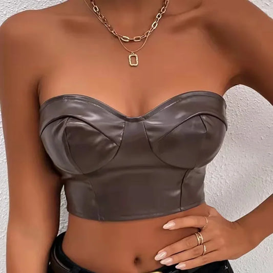 Black/Dark Brown Color S-XL Sexy Tank Top Glossy PU Leather Halter Crop Tops Women Wrap Chest Bare Midriff Camisole Sleeveless  Tube Top Female Cropped Vest
