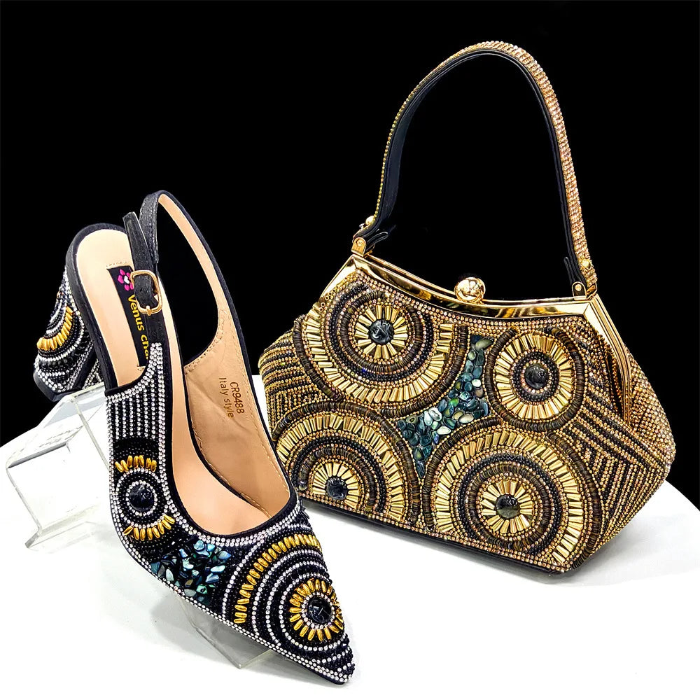 8 Colors High-End Matching Women's Luxury Shoes with Diamond Hard Box Bag Popular in Nigeria Evening Wedding Party Women's High Heels Shoes Apparel Sets