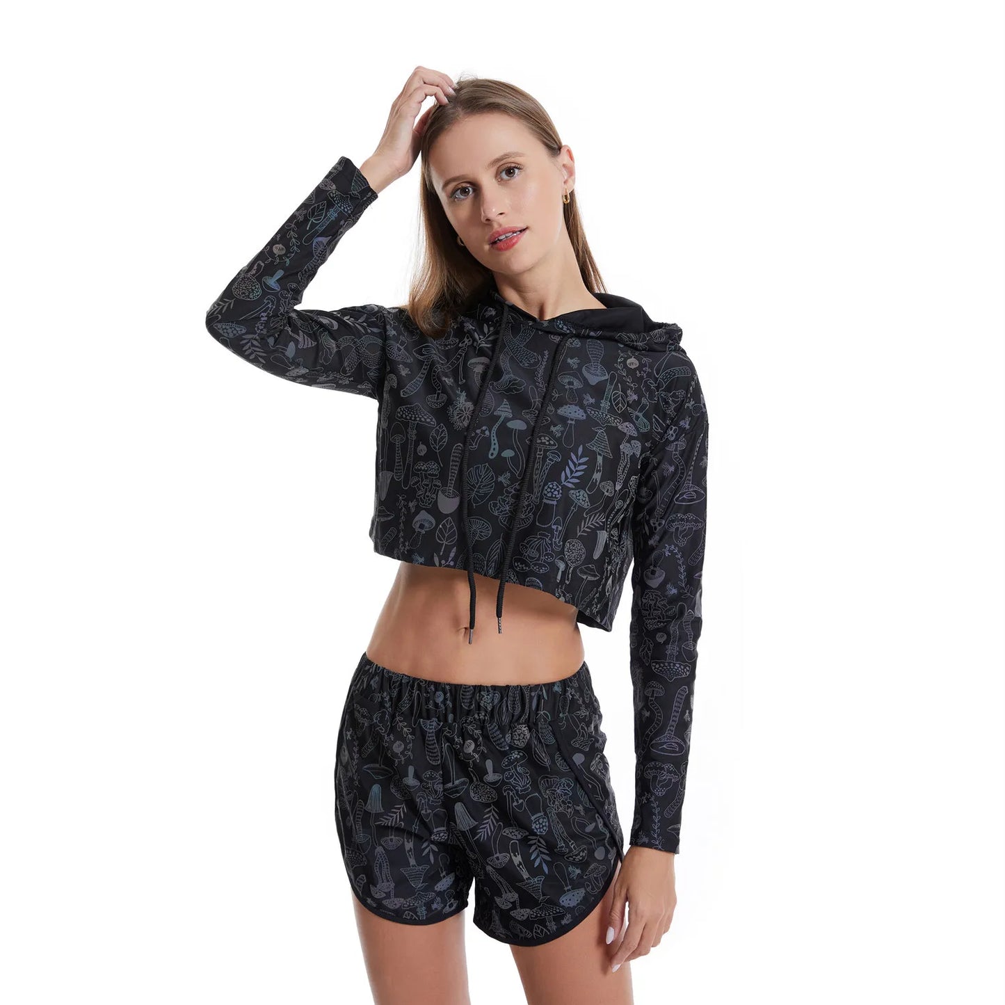 NEW Arrivals Spring Autumn Women Colorful Reflective Pullover Hoodies Y2K Harajuku Mushroom Printed Long Sleeve Crop Tops Night Clubwear Rave Party Costume