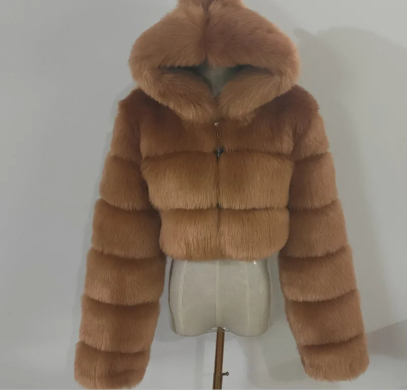 NEW Arrivals S-3XL Coffee/Dark Gray/Black Fashion Women Environmental Red Faux Fox Fur Coat with Hood Thick Warm Full Pelt Fake Fur Jacket Short Winter Woman Fur Coat Ladies Girls Luxury Fashion Clothing Supplies