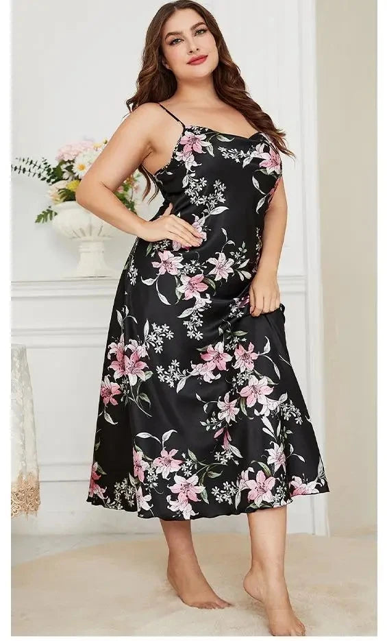 NEW Arrivals XL-5XL Plus Size Sexy Curvy Women Suspender Nightdress Sleepwear Lingerie Summer Ladies Nightgown Loose Silky Satin Dressing Gown Loungewear