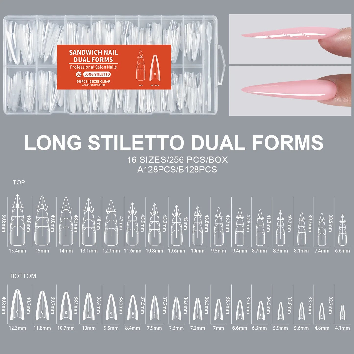 256 PCS Set 16 Size Long Coffin Sandwich Nail Dual Forms Almond Stiletto Square Nail Mold for Quick Nail Extension 16size Sandwich Nails Form