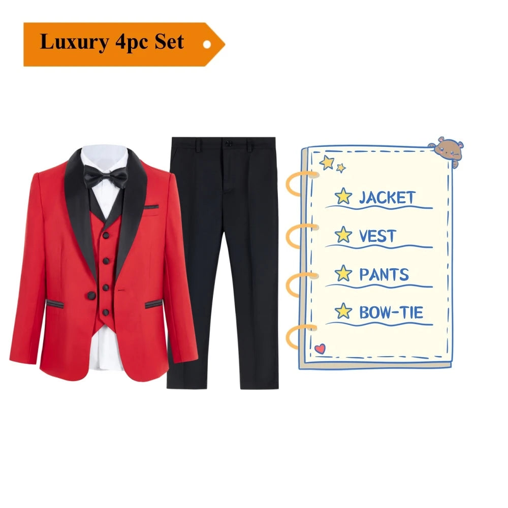 4 PCS Set Children Boy's Formal Suit Set, Regular Fit Smart Suits For Kid From 3 To 14 Years Shawl Neck Wedding Guest Outfit For Children Luxury Blazer Tuxedo Sets