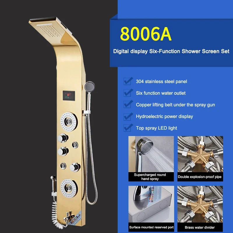 Luxury Stainless Steel Home Improvement LED Lights Shower Faucets Luxury Bathroom Faucet Set Bather Thermostat Shower Screen Shower Electronic System Kit Home Bathroom Supplies
