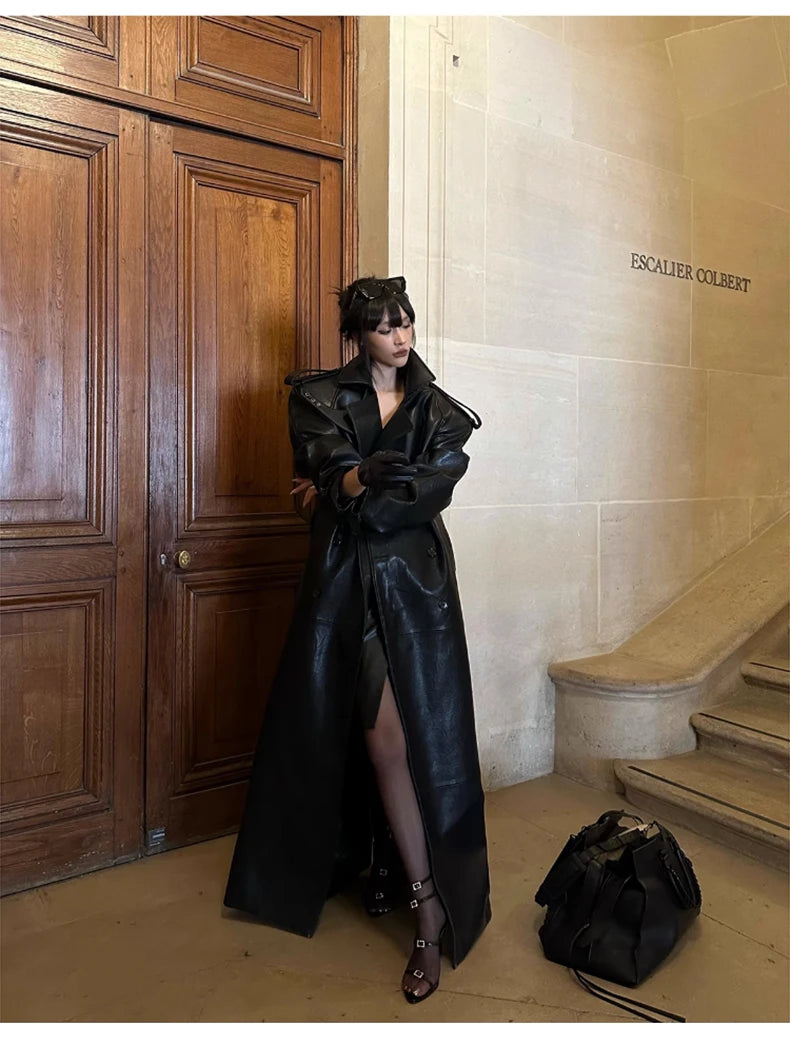 S-XL Size  Spring Autumn Extra Long Black PU Leather Trench Coat for Women with Back High Slit Luxury Chic European Fashion