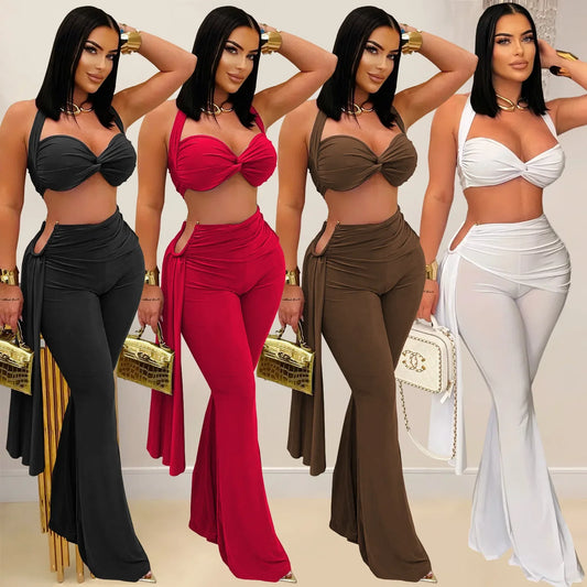2 PCS Set S-2XL Fashionable C7485 Cross-Border Sexy Summer Strapless Long Pants Set Women's Polyester Fiber Clothing