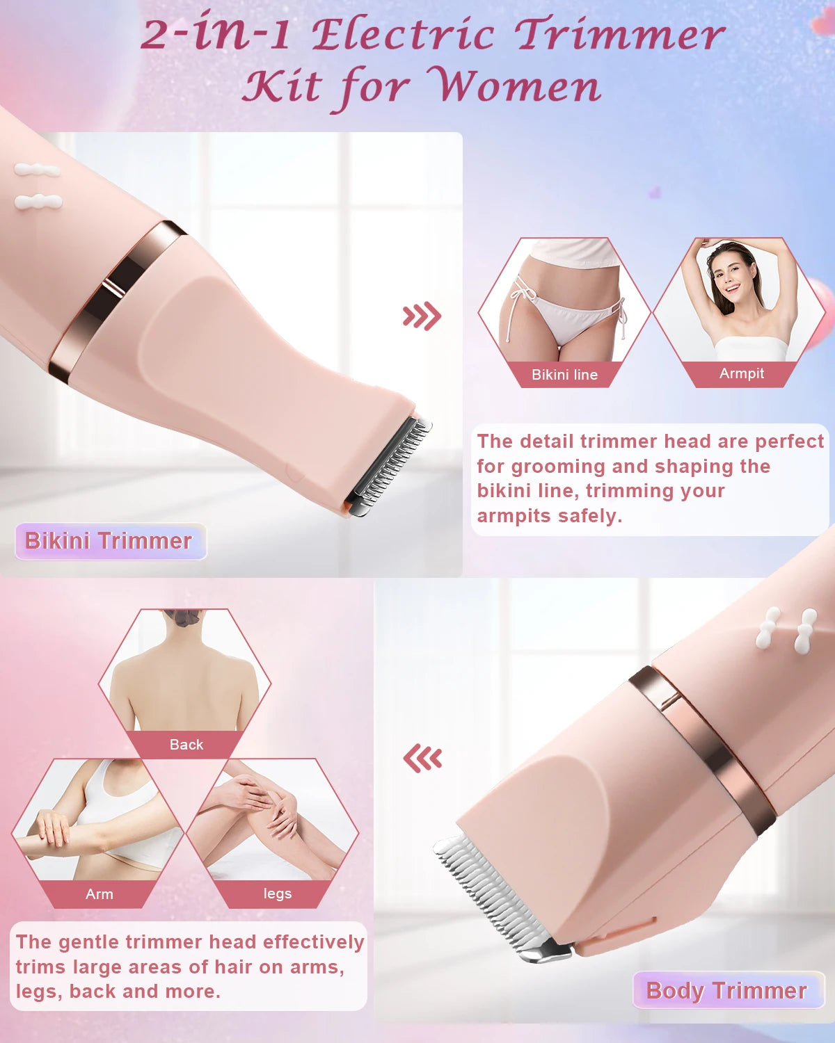 INBUTY 2 in 1 Bikini Trimmer Pubic Hair Grooming Women Hair Clipper Electric Shaver Lady Razors Painless Epilator USB Waterproof
