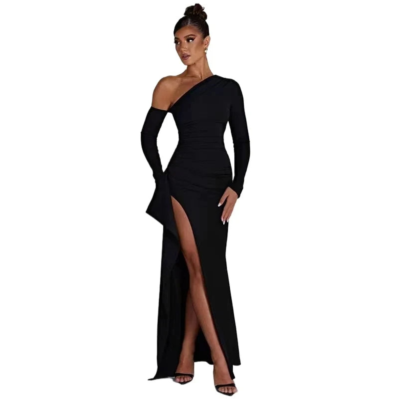 Italian Style Sexy Diagonal Shoulder Black Dress Elegant Long Sleeve Split Women Dress Spring Evening Party Night Clubwear Business Dinner Outfits Long Dress Girls Ladies Luxury Fashion Clothing Supplies