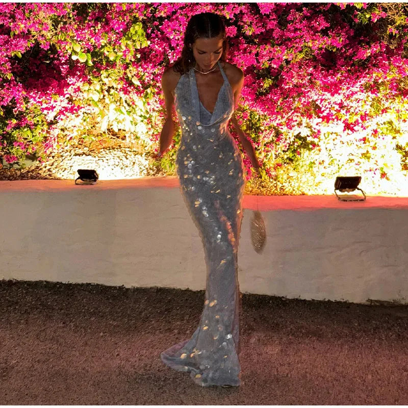 NEW Arrivals UK Size Beaded Sequins Backless Luxury Long Dresses Women Sexy Lace Up Slim Halter Evening Beach Party Night Club Glitter Dress Lady Elegant Summer Shinny Gown