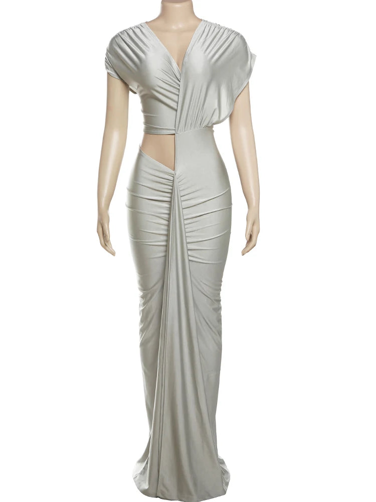 Low-Price Sales are Limited NEW Irregular Hollow Dress Women Ruch Diagonal Collar Shorts Sleeve Waistless Slits Street Trend Elegant Long Bodycon Evening Nightclub Party Outfits Girls Ladies Luxury Fashion Clothing Supplies