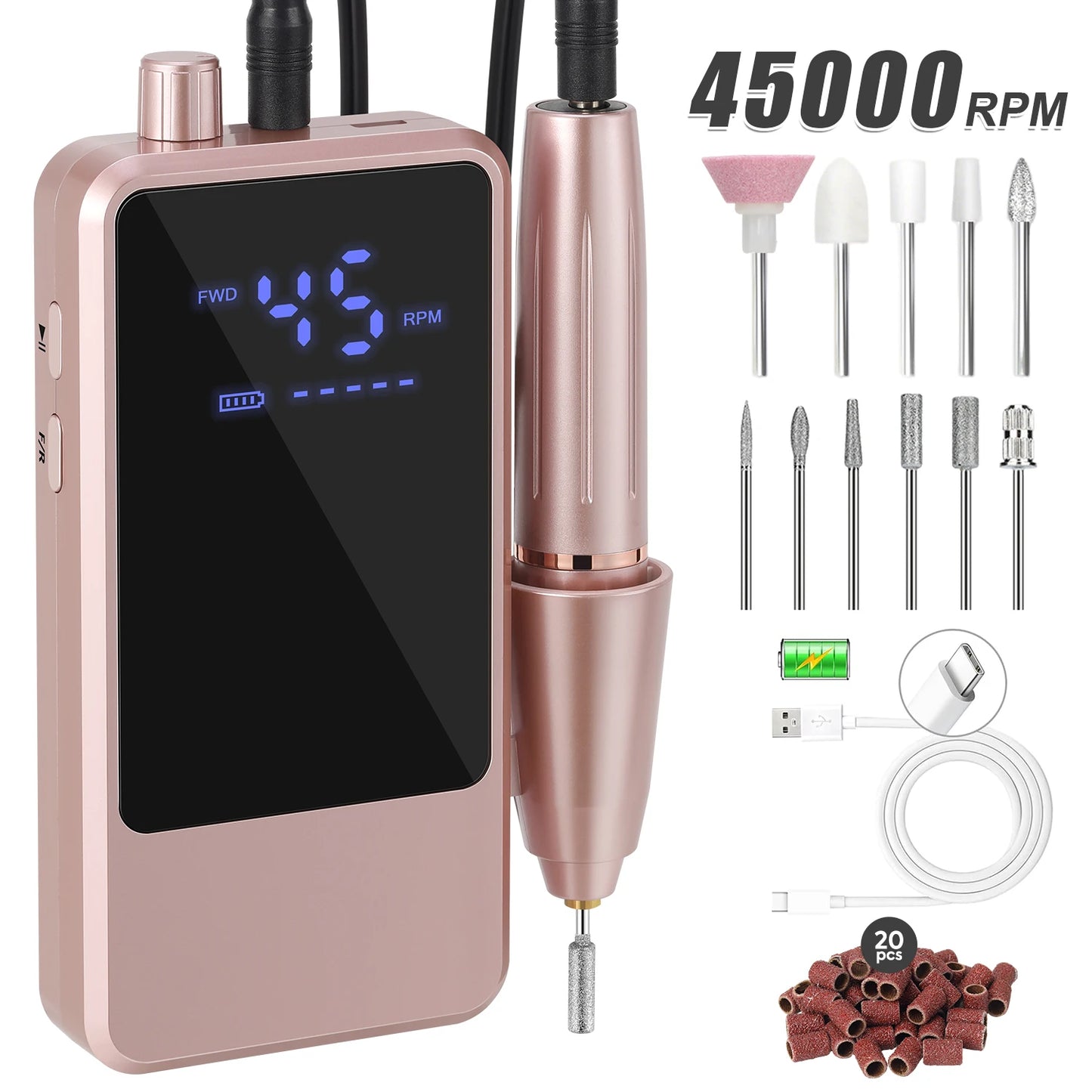 45000RPM Nail Drill USB Type C Electric Machine Portable Nail Polisher with LCD Display Electric Nail Polisher with 1600mAh Nail Tools Outdoor Travel Home Use Manicure Nails Care Supplies