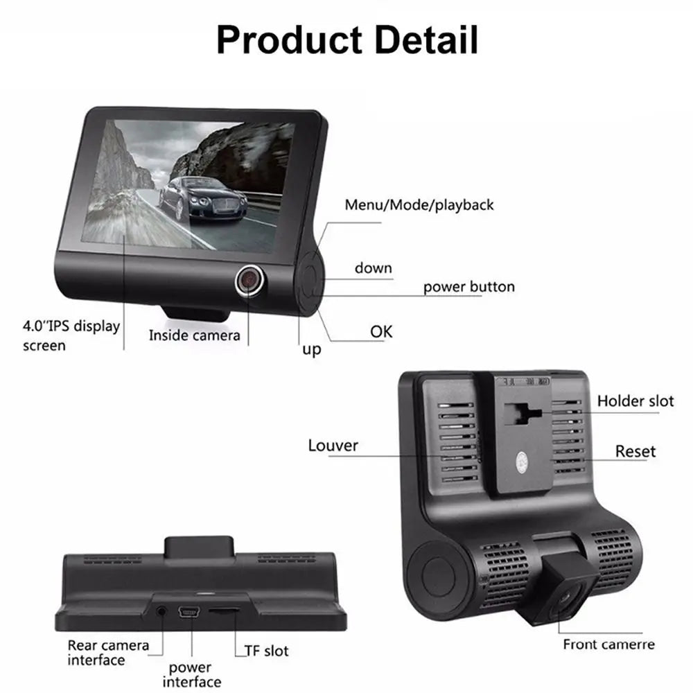 New 1080P 3-Lens Dash Cam Full HD 170° Wide Angle Car DVR Recorder G-Sensor Rear Camera for Car