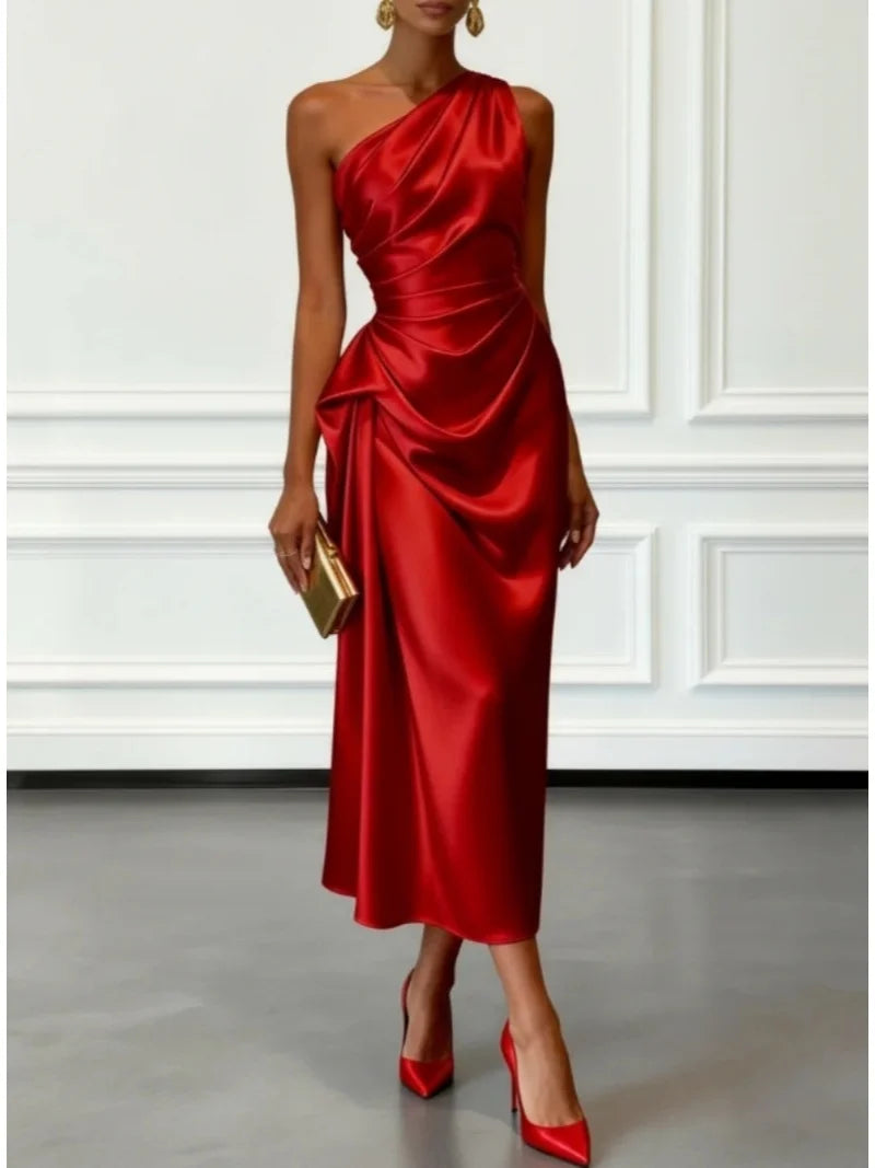 S-2XL UK Size One Shoulder Luxury Satin Midi Dress With Ruched Waist Elegant Sleeveless Evening Wedding Guest Business Party Formal Gown Ladies Outfits.