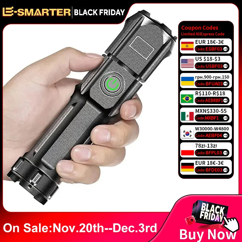 Powerful LED Flashlight Rechargeable USB Waterproof Zoom Outdoor Travel Camping Hiking Fishing Hunting 100,00 Lumen Tactical Flashlight LED Torch