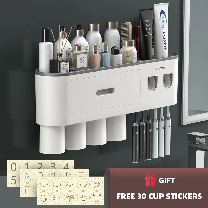 NEW Arrivals  Wall Mounted 5 Cups Toothbrush Holder Magnetic Adsorption Inverted Toothpaste Squeezer Double Automatic Toothpaste Dispenser Bathroom Accessories
