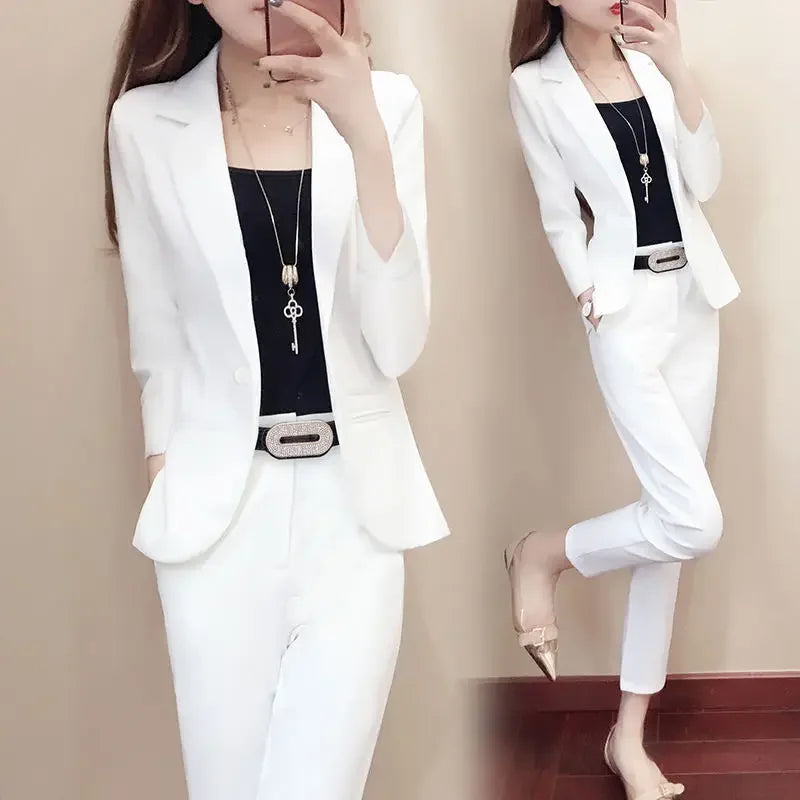 NEW Arrivals 2PCS Set 2 Patterns White/Black Short/Long Pants Coat + Belt for Women Black Trouser Suit Blazer and Outfit Office Lady Professional Business Set Ladies Luxury Fashion Clothing Supplies