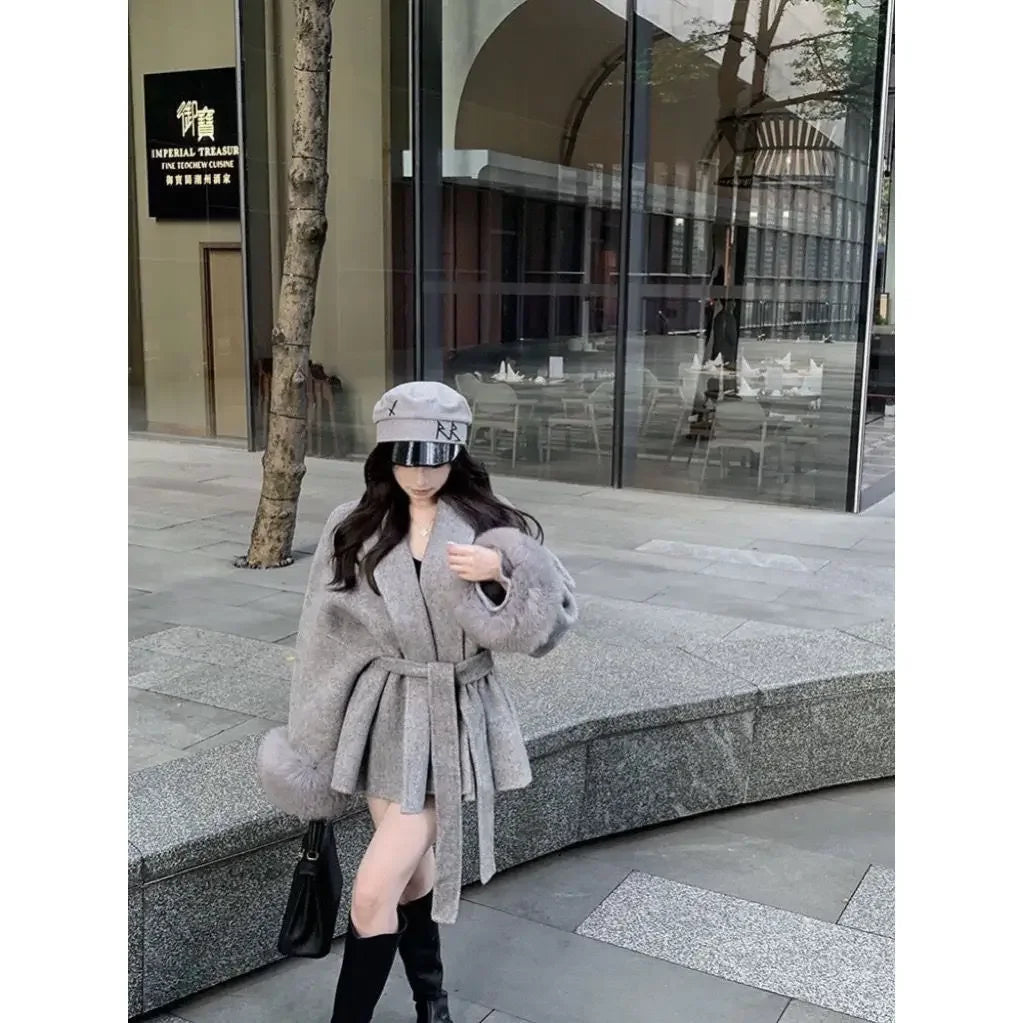 Low-Price Sales are Limited NEW Arrivals Women Patchwork Furry Long Sleeve Bandage Outwear Korean Y2K Clothes Solid Color Jackets Snow Winter Outwear Evening Nightclub Party Coats Ladies Girls Luxury Fashion Clothing Supplies