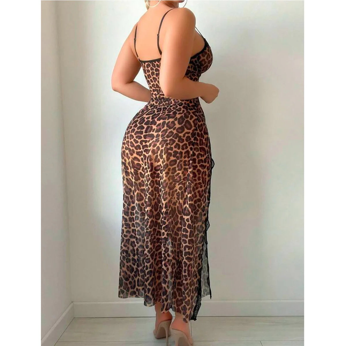 NEW Arrivals S-XL Size Blue/Brown Color Sexy Leopard Lace Mesh Long Sleeve V-Neck Home Sleepwear Set Strapless High Slit Comfortable Breathable Women Sexy Nightgown Nightdress