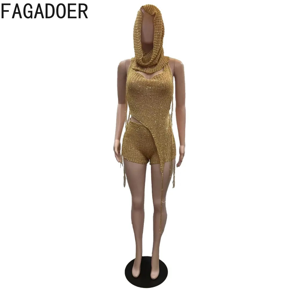 3 PCS Set S-2XL 4 Colors Sexy Y2K Hollow Sequin Irregular Outfits See Through Tracksuit Fashion Halter Lace Up Backless Top Shorts Scarf  Women Streetwear Suit