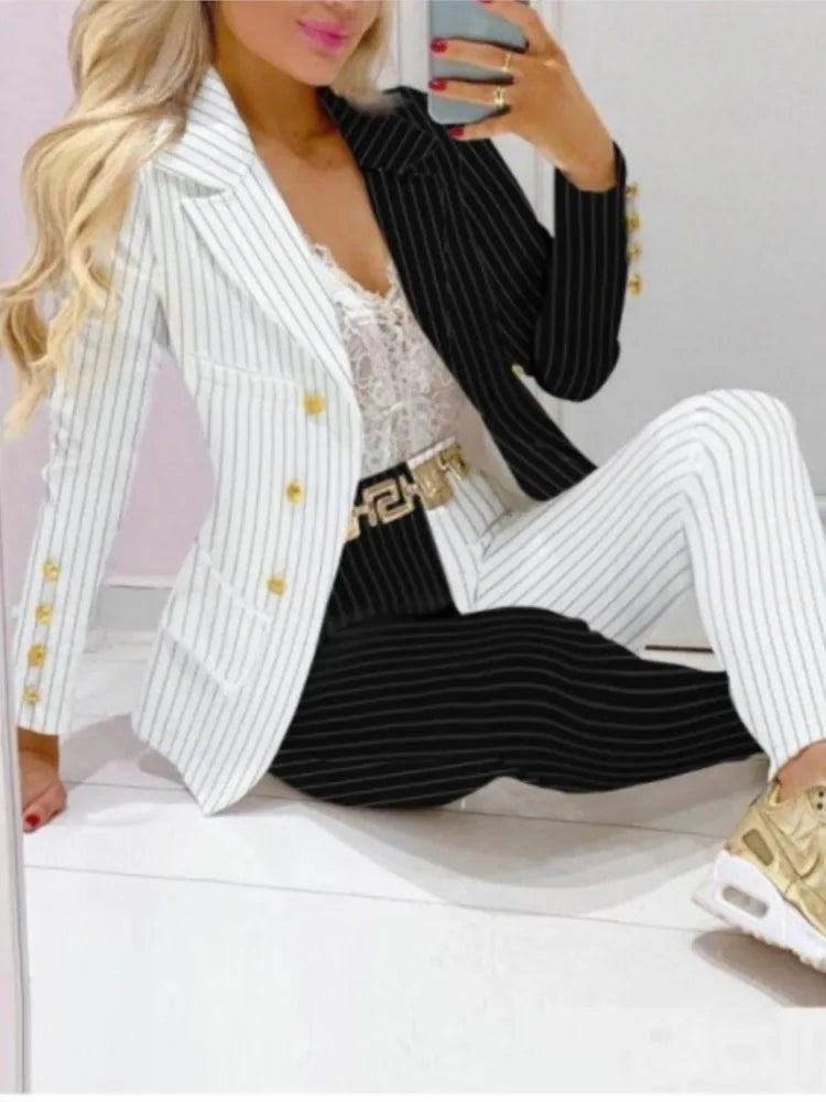 NEW Arrivals 2PCS Set 12 Patterns/Colors Autumn Winter Luxury Italian Suit Long Sleeve Blazer Women's Suit Fashion Color Matching Slim Elegant Female Office Lady Night Business Suit Ladies Luxury Fashion Clothing Supplies